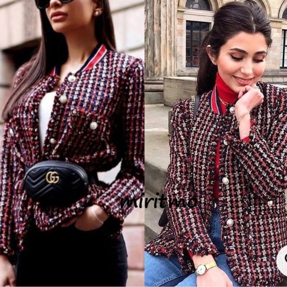 Zara Woman Tweed Pearl Button Jacket with Red and Blue Accents‎ - Picture 2 of 15